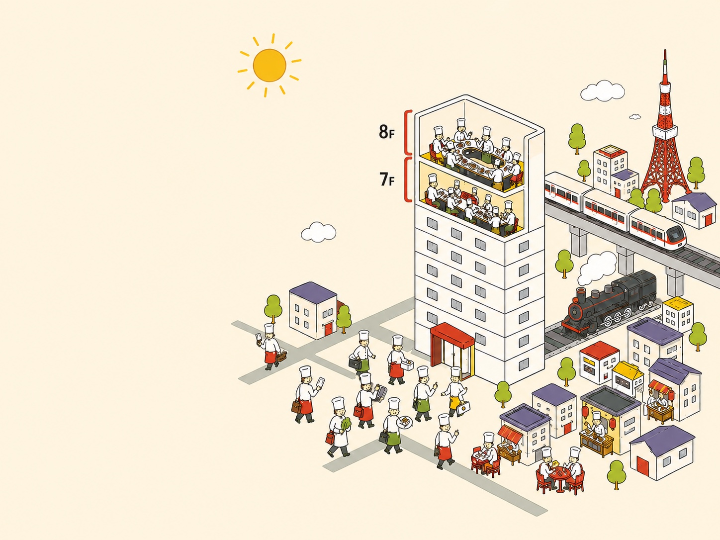 新橋の街に建つ7Fと8FのCHEFLABO academiaのイラスト